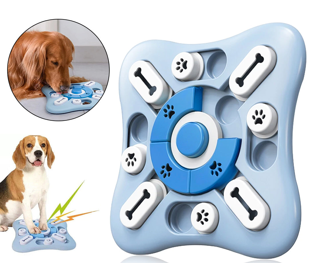 Interactive dog puzzle feeder with sliding treat compartments