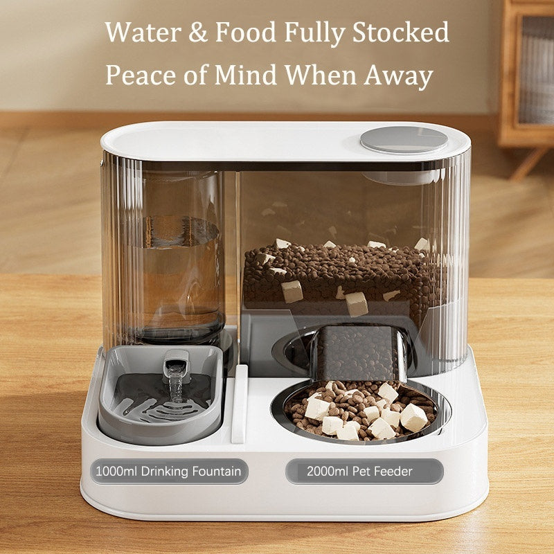 Automatic gravity pet feeder and water fountain with 2 litre food and 1 litre water reservoirs