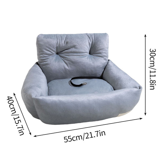Grey plush dog car booster seat with a safety tether