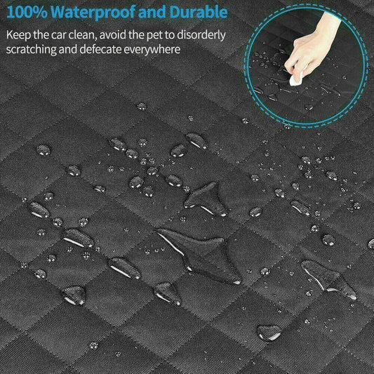 Dog car seat cover size diagram, 147 by 137 cm, shown fitting a saloon, family car, SUV and pickup