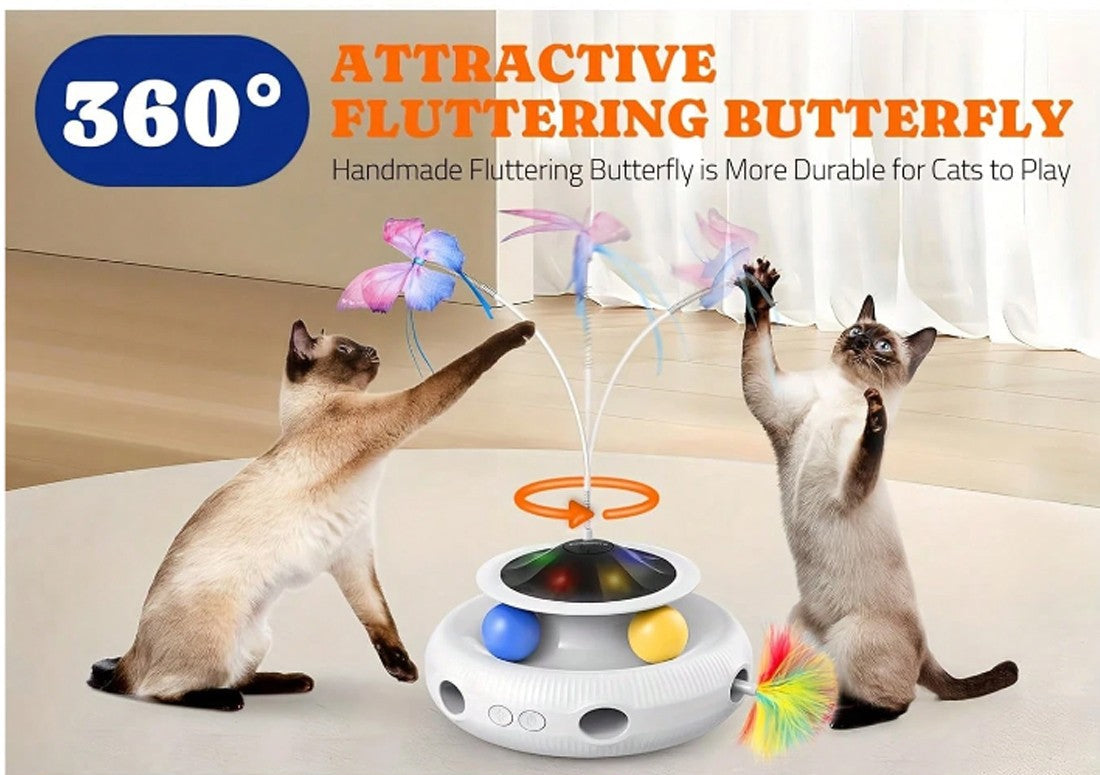Rechargeable electric cat toy with a 360 degree butterfly spinner and track balls