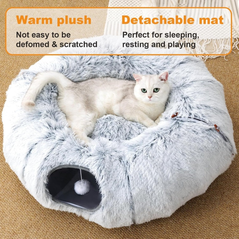 Plush cat tunnel bed and donut nest