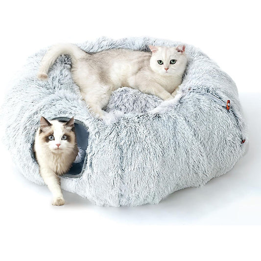 Grey plush cat tunnel bed with one cat in the tunnel and another resting on top