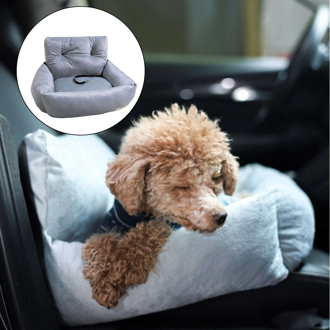 Small poodle resting in a grey plush dog car booster seat